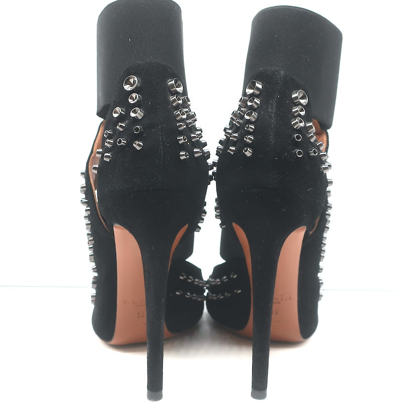 Alaia Cutout Booties Black Studded Suede Size 39 High Heel Ankle Boots