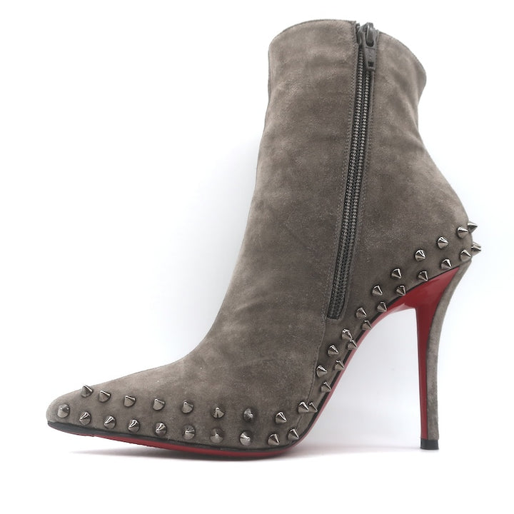 Christian Louboutin Willetta Spiked Ankle Boots Taupe Gray Suede Size 37