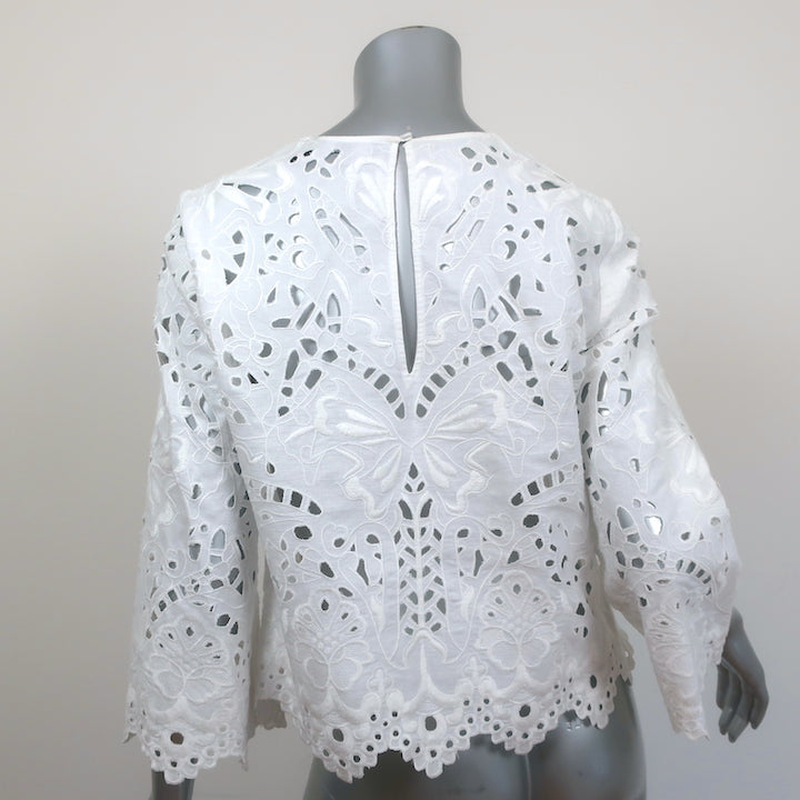 Theory Blouse Brizabela White Embroidered Linen Size Medium Bell Sleeve Top