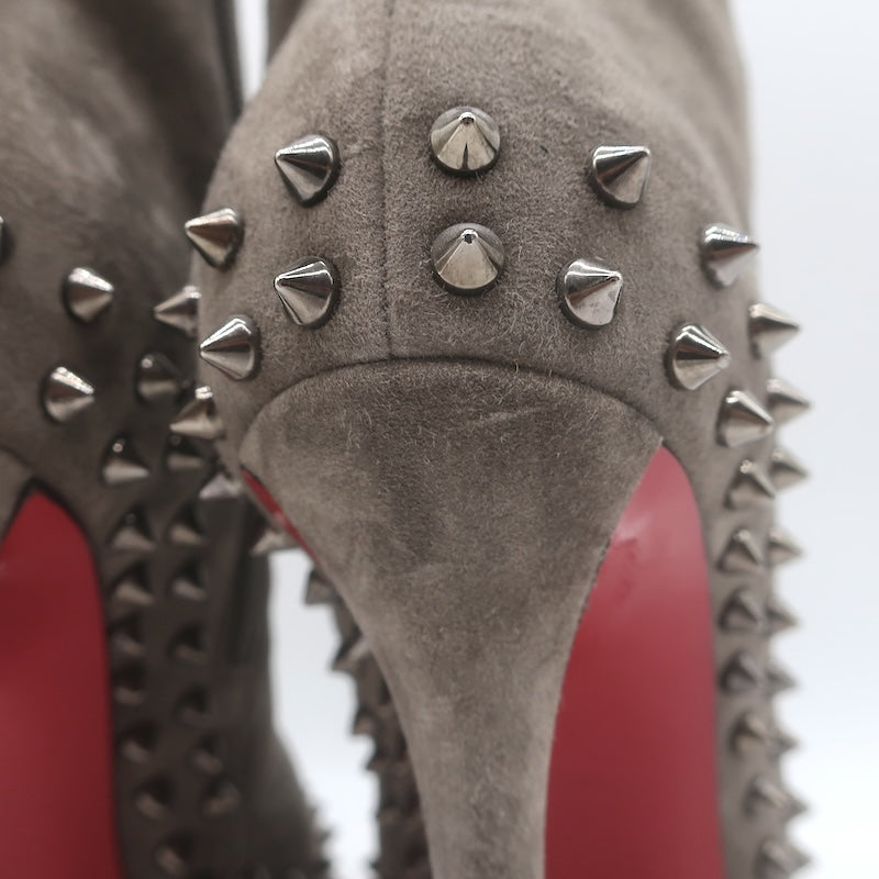 Christian Louboutin Willetta Spiked Ankle Boots Taupe Gray Suede Size 37