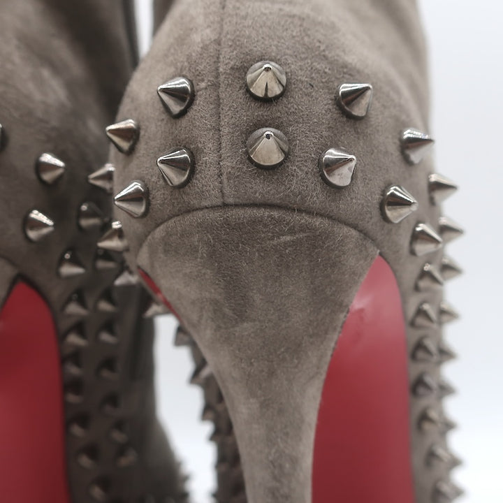 Christian Louboutin Willetta Spiked Ankle Boots Taupe Gray Suede Size 37