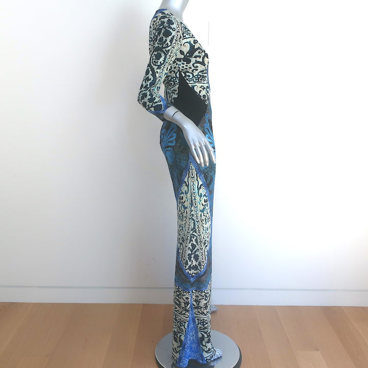 Roberto Cavalli Maxi Dress Blue &amp; Black Printed Stretch Jersey Size 40