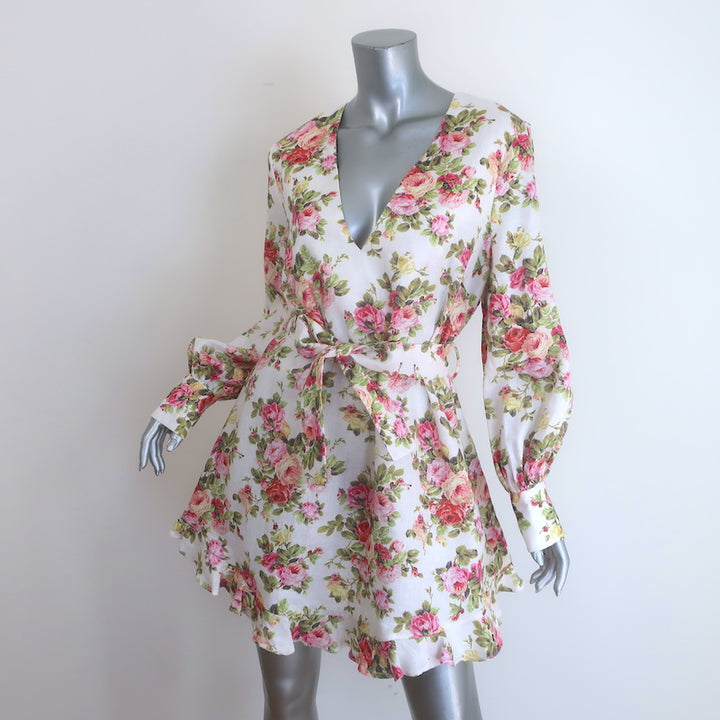 Zimmermann Radiate Flounce Dress Watermelon Bouquet Print Linen Size 3 NEW