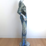 Roberto Cavalli Maxi Dress Blue & Black Printed Stretch Jersey Size 40