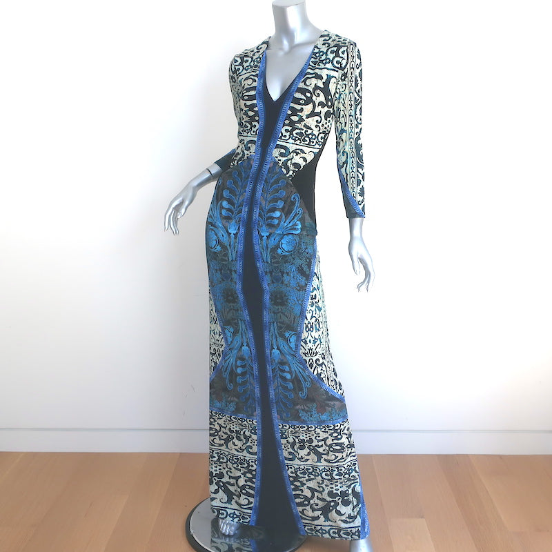 Roberto Cavalli Maxi Dress Blue &amp; Black Printed Stretch Jersey Size 40