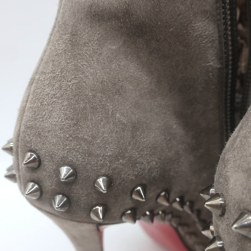 Christian Louboutin Willetta Spiked Ankle Boots Taupe Gray Suede Size 37