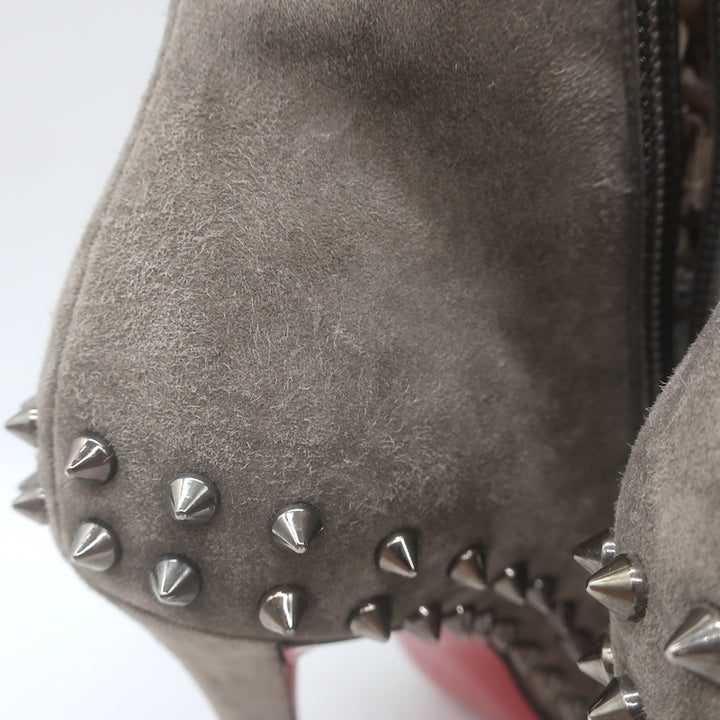 Christian Louboutin Willetta Spiked Ankle Boots Taupe Gray Suede Size 37