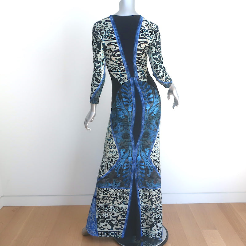 Roberto Cavalli Maxi Dress Blue &amp; Black Printed Stretch Jersey Size 40