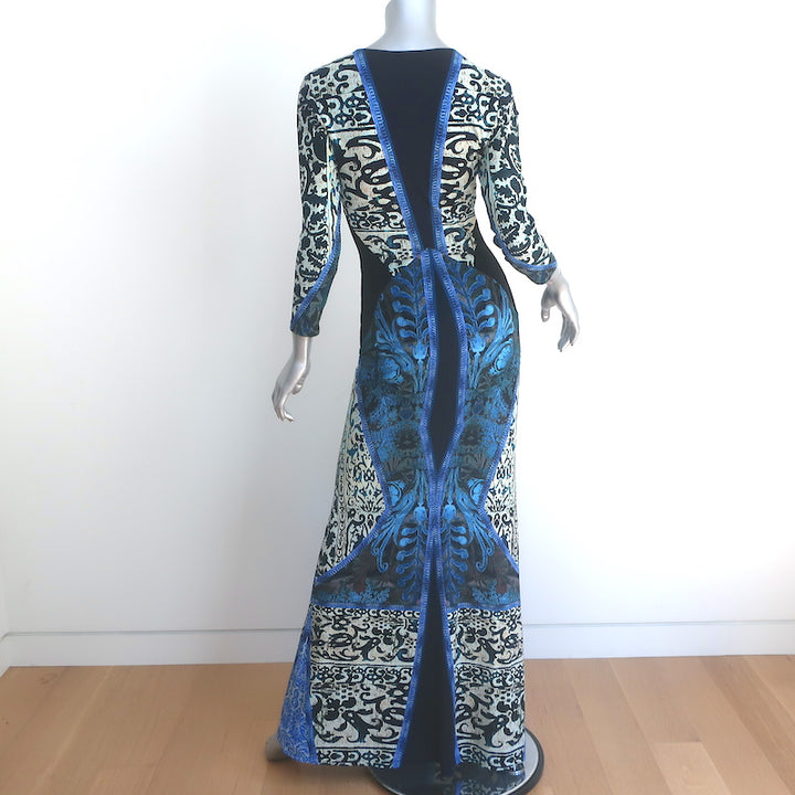Roberto Cavalli Maxi Dress Blue &amp; Black Printed Stretch Jersey Size 40