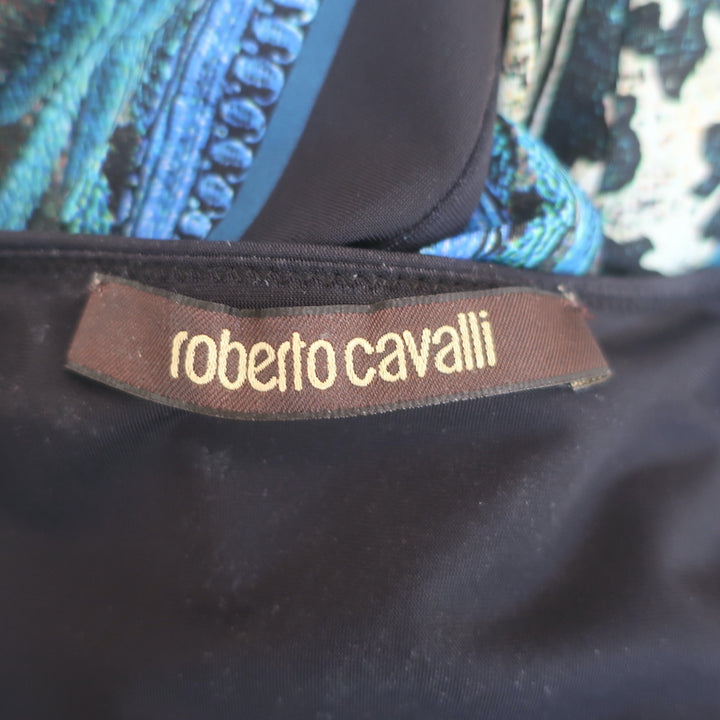Roberto Cavalli Maxi Dress Blue &amp; Black Printed Stretch Jersey Size 40
