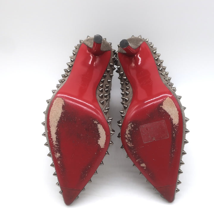 Christian Louboutin Willetta Spiked Ankle Boots Taupe Gray Suede Size 37