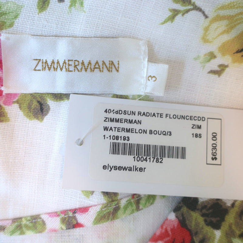 Zimmermann Radiate Flounce Dress Watermelon Bouquet Print Linen Size 3 NEW