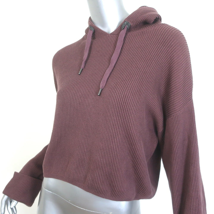Brunello Cucinelli Monili-Detail Cropped Ribbed Hoodie Orchid Cotton Size Small