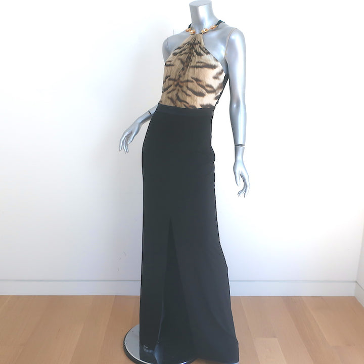 Roberto Cavalli Embellished-Neck Gown Tiger Print Chiffon &amp; Black Jersey Size 42