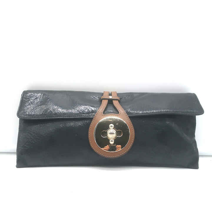 Chloe Turn Lock Clutch Black Patent &amp; Brown Leather Bag