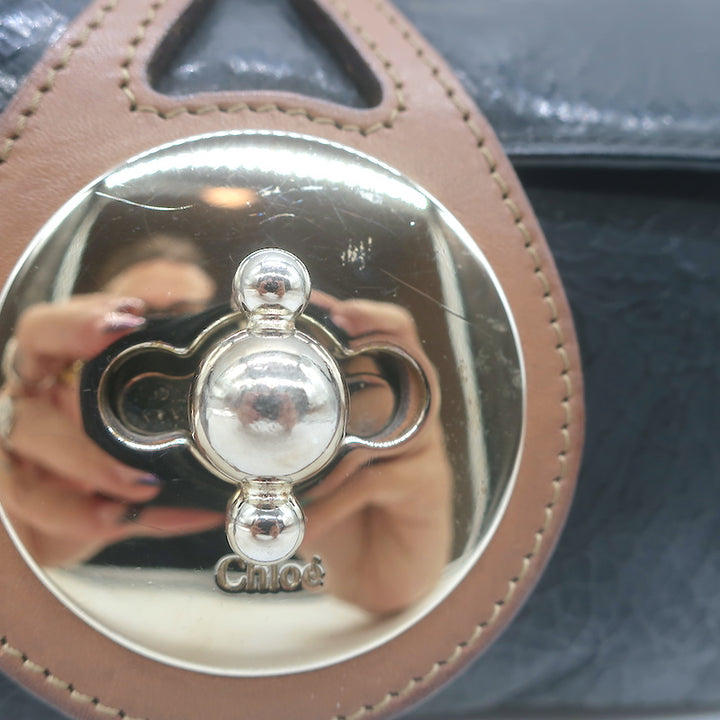 Chloe Turn Lock Clutch Black Patent &amp; Brown Leather Bag