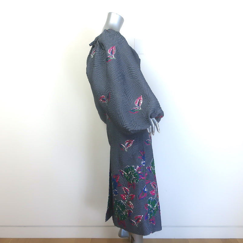 GANNI Balloon Sleeve Open-Back Metallic Jacquard Midi Dress Gray Size 34