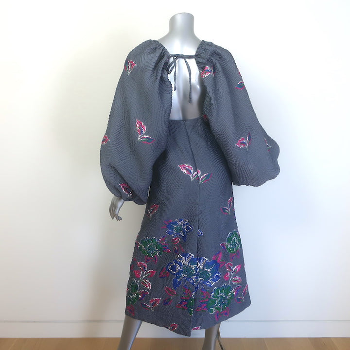GANNI Balloon Sleeve Open-Back Metallic Jacquard Midi Dress Gray Size 34