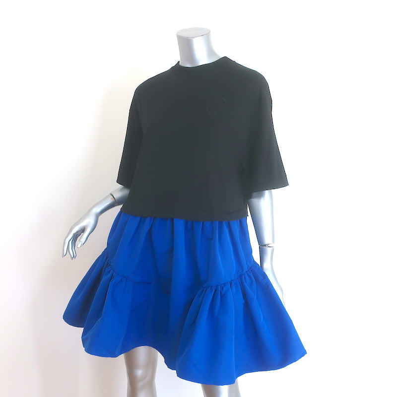 Alexander McQueen Ruffled Mini T-Shirt Dress Black Cotton &amp; Blue Taffeta Size 42