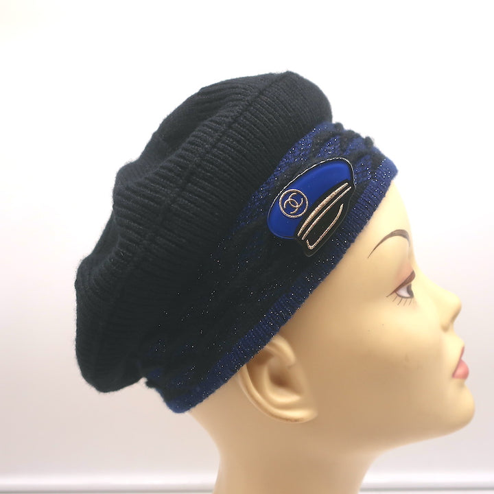 Chanel Knit Beret Black &amp; Navy Metallic Cashmere-Blend