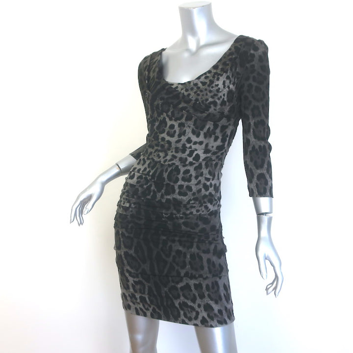 Dolce &amp; Gabbana Draped Leopard Print Mini Dress Gray Stretch Silk Size 38