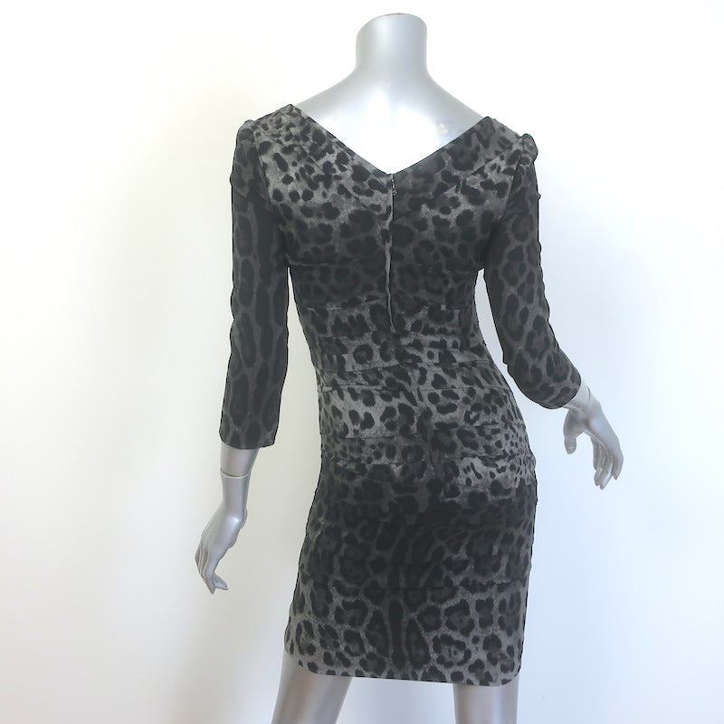 Dolce &amp; Gabbana Draped Leopard Print Mini Dress Gray Stretch Silk Size 38