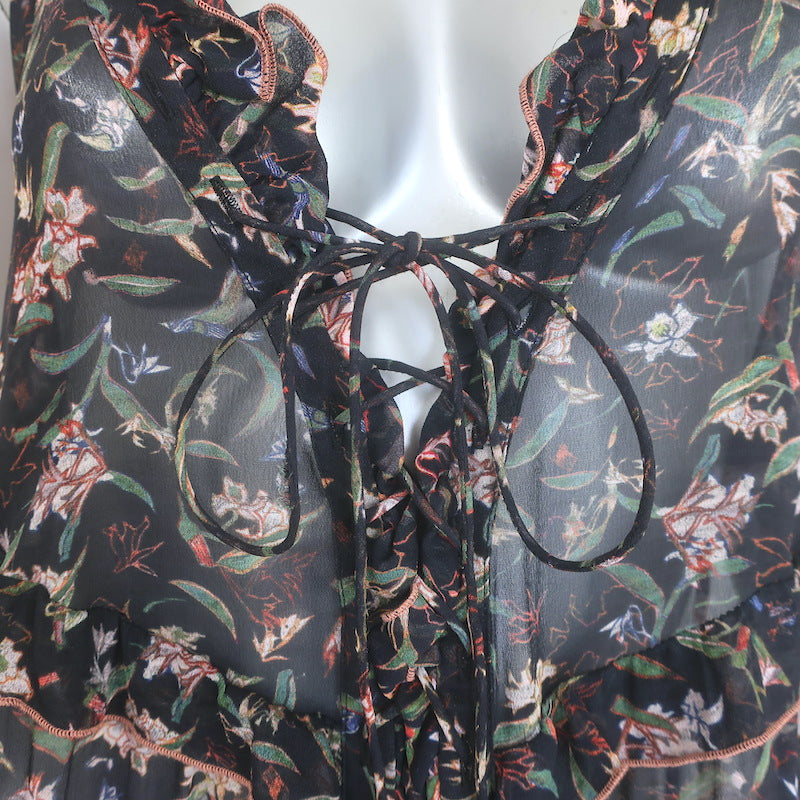 IRO Baden Ruffled Lace-Up Mini Dress Black Floral Print Crepe Size 42