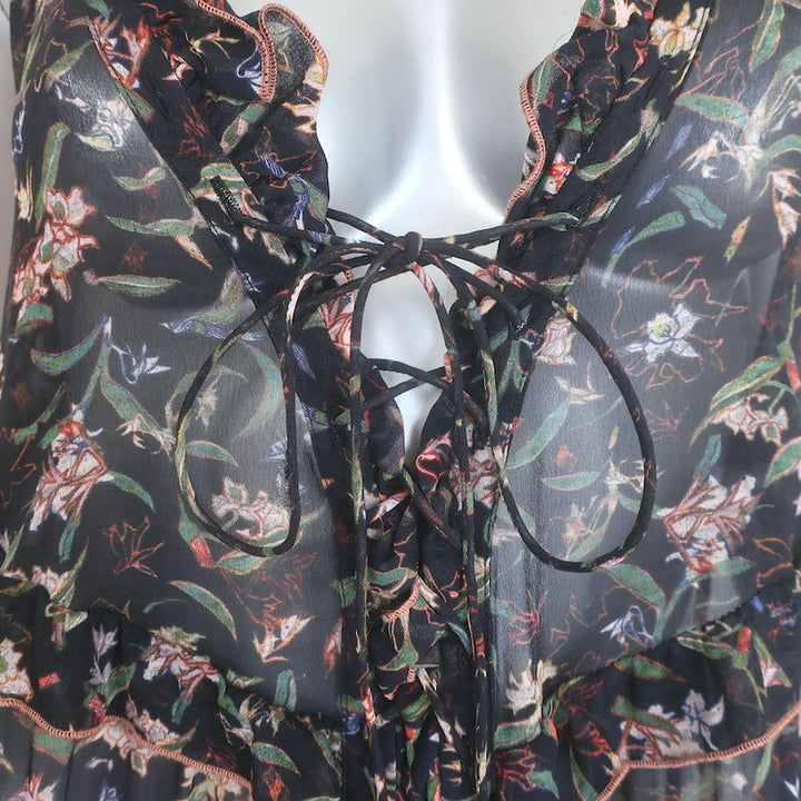 IRO Baden Ruffled Lace-Up Mini Dress Black Floral Print Crepe Size 42