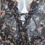 IRO Baden Ruffled Lace-Up Mini Dress Black Floral Print Crepe Size 42