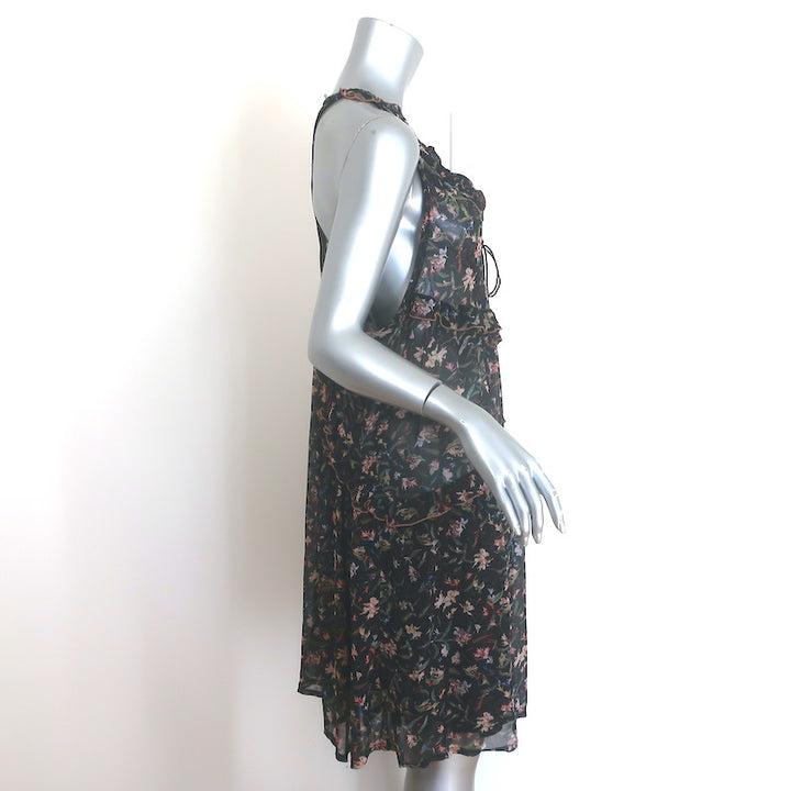 IRO Baden Ruffled Lace-Up Mini Dress Black Floral Print Crepe Size 42