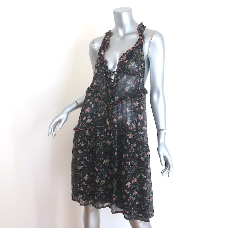 IRO Baden Ruffled Lace-Up Mini Dress Black Floral Print Crepe Size 42