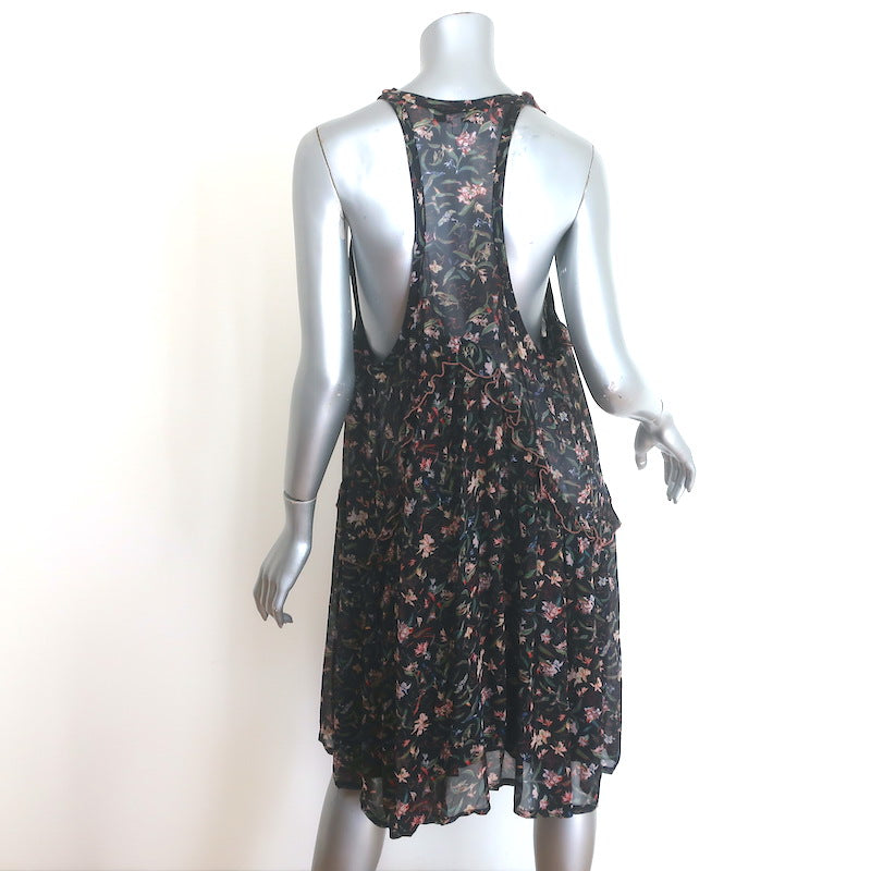 IRO Baden Ruffled Lace-Up Mini Dress Black Floral Print Crepe Size 42
