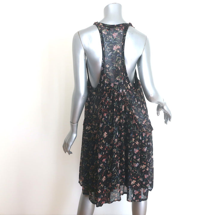 IRO Baden Ruffled Lace-Up Mini Dress Black Floral Print Crepe Size 42