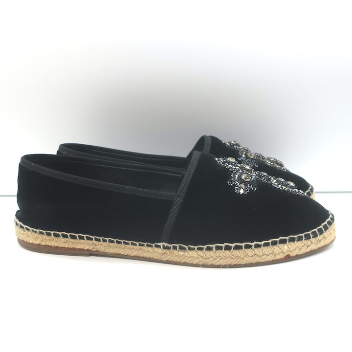 Dolce &amp; Gabbana Crystal Cross-Embroidered Espadrilles Black Velvet Size 9