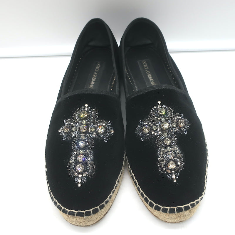 Dolce &amp; Gabbana Crystal Cross-Embroidered Espadrilles Black Velvet Size 9
