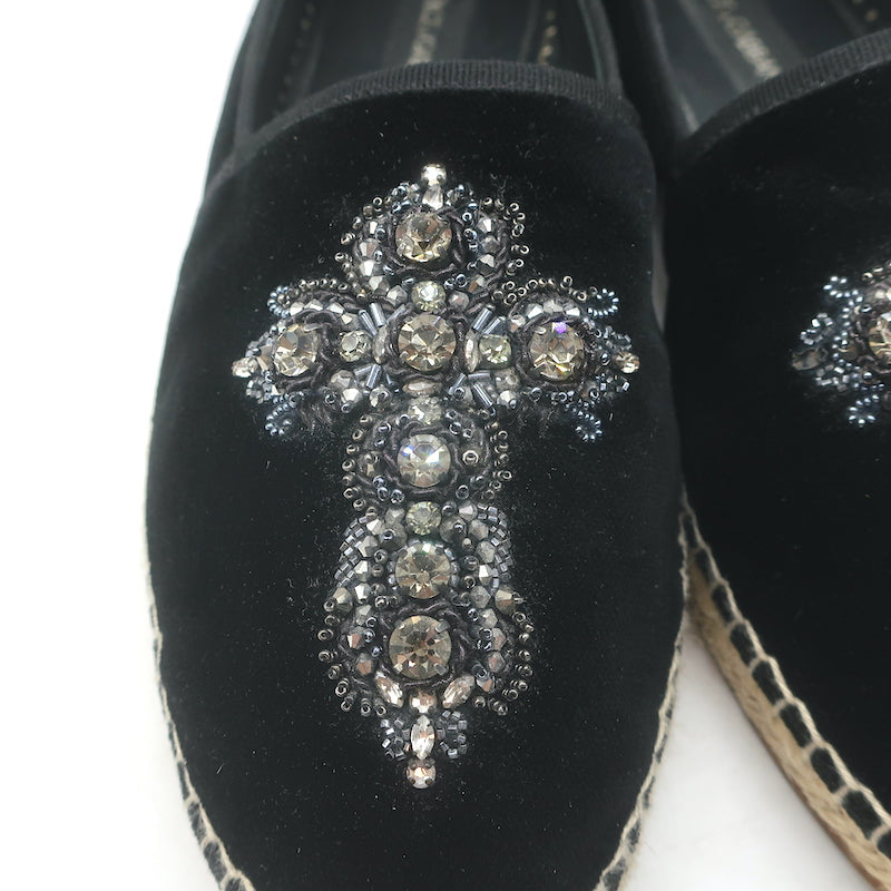 Dolce &amp; Gabbana Crystal Cross-Embroidered Espadrilles Black Velvet Size 9