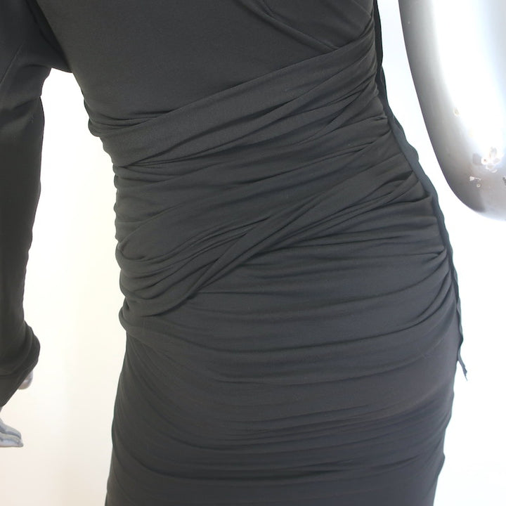 Lanvin Twist-Front One Shoulder Dress Charcoal Ruched Stretch Cotton Size 36