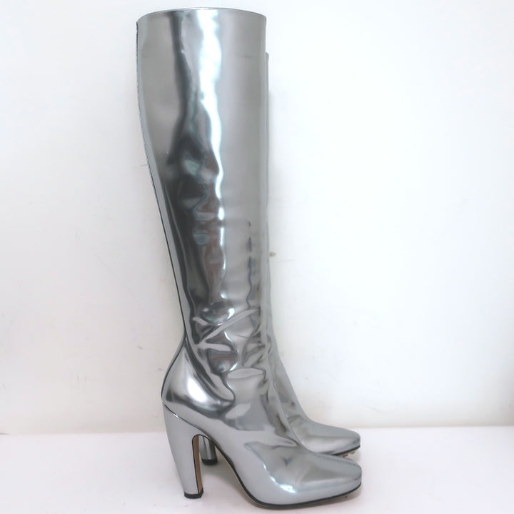 Bottega Veneta Canalazzo Mirrored Leather Knee-High Boots Silver Size 37