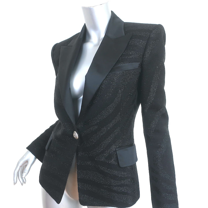 Balmain Blazer Black Zebra Tonal Jacquard Size 40 One-Button Jacket