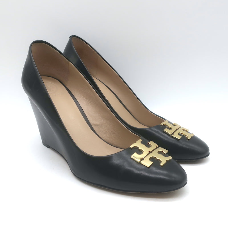 Tory Burch Raleigh Logo Wedge Pumps Black Leather Size 7.5