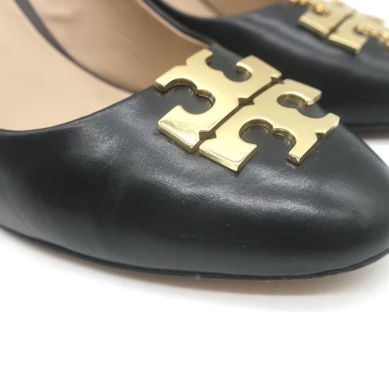 Tory Burch Raleigh Logo Wedge Pumps Black Leather Size 7.5