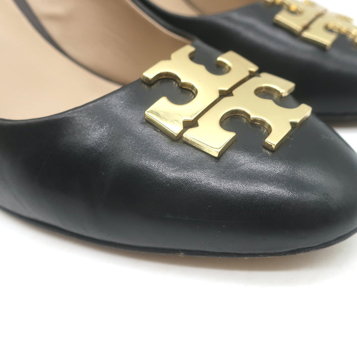 Tory Burch Raleigh Logo Wedge Pumps Black Leather Size 7.5