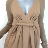 Donna Karan Ribbed-Sleeve Pleated Front Dress Camel Wool Size Petite