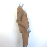 Donna Karan Ribbed-Sleeve Pleated Front Dress Camel Wool Size Petite