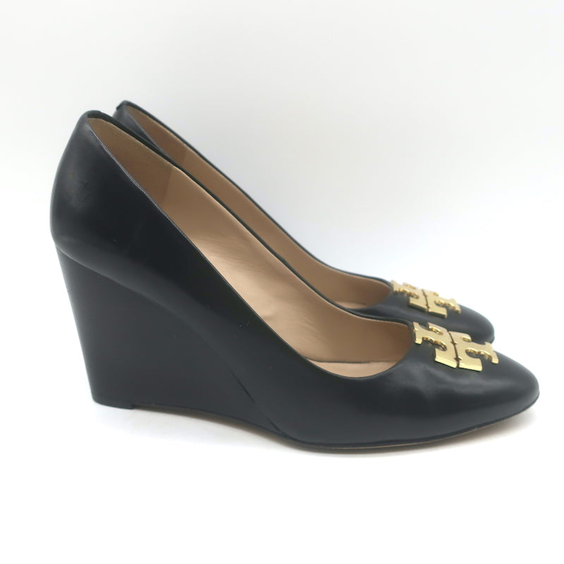 Tory Burch Raleigh Logo Wedge Pumps Black Leather Size 7.5