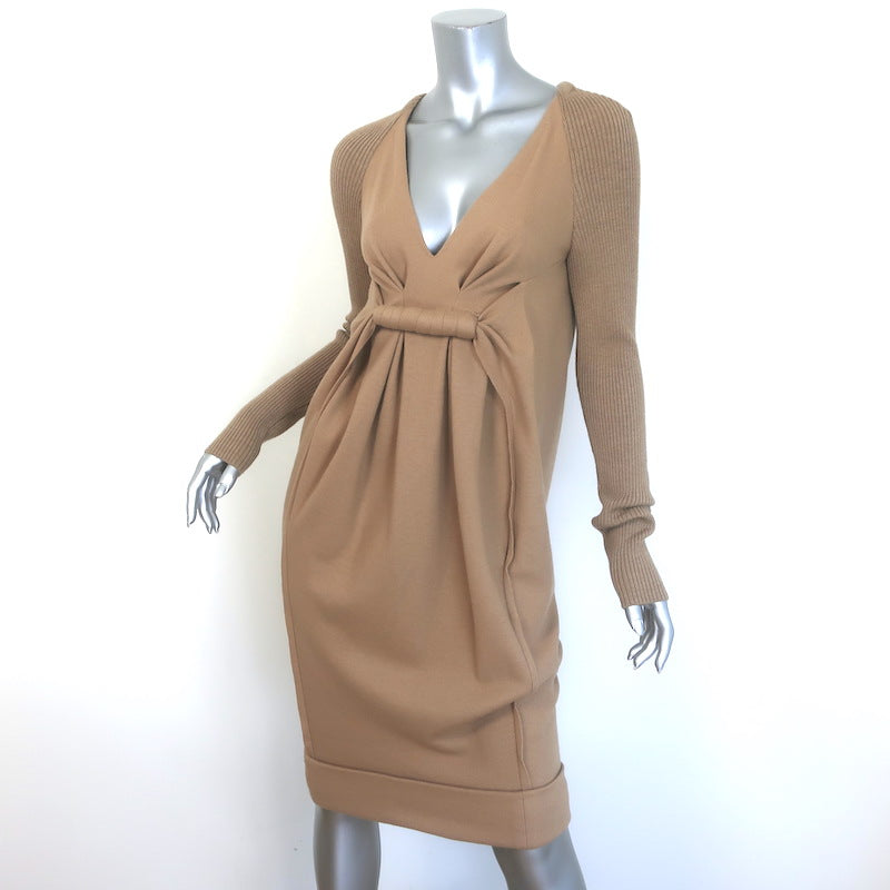 Donna Karan Ribbed-Sleeve Pleated Front Dress Camel Wool Size Petite