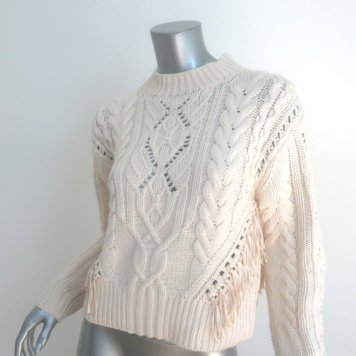 Vince Fringed Cable Knit Sweater Ivory Merino Wool-Cashmere Size Small