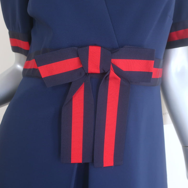 Gucci Web Bow Puff Sleeve Dress Royal Blue Stretch Jersey Size Extra Large NEW
