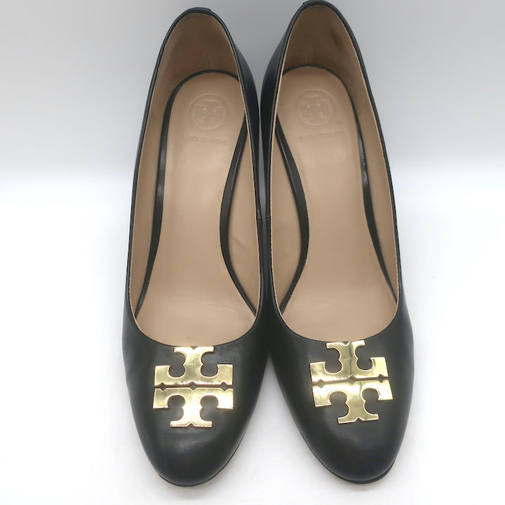 Tory Burch Raleigh Logo Wedge Pumps Black Leather Size 7.5