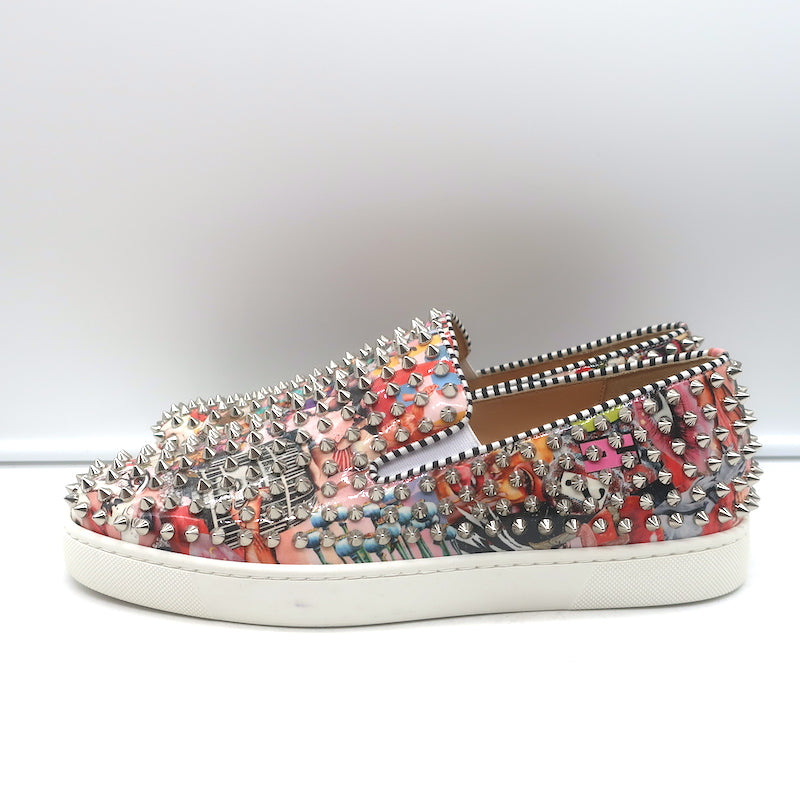 Christian Louboutin Roller Boat Spiked Slip-On Sneakers Printed Patent Size 41.5